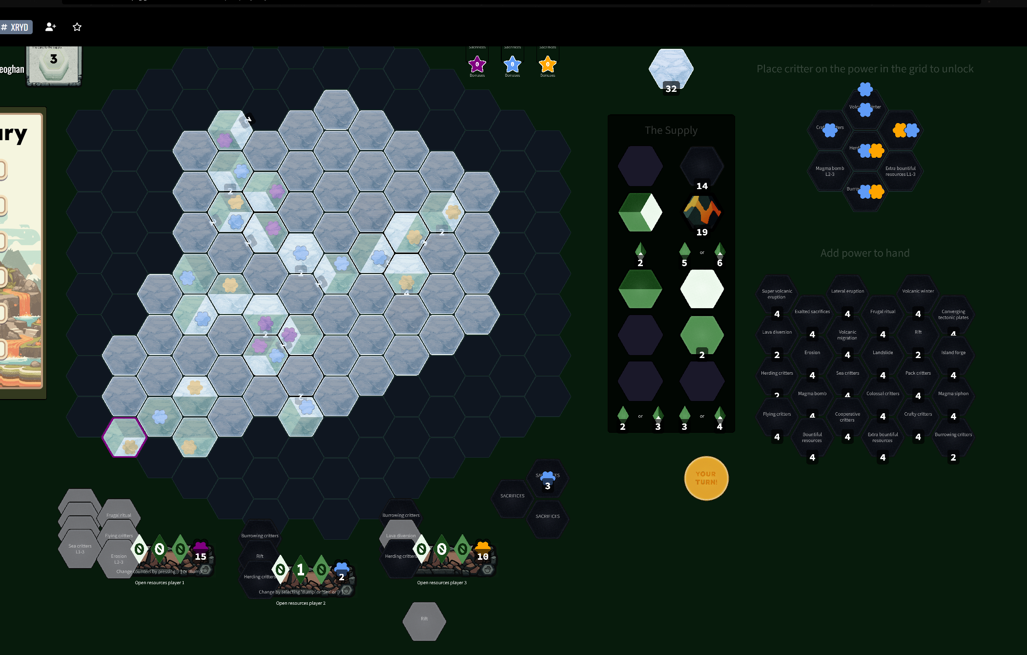 Volcanoes are often ‘3pts’ (2 for setter, -1 for target, so Blue’s volcano setting off engine was too powerful)