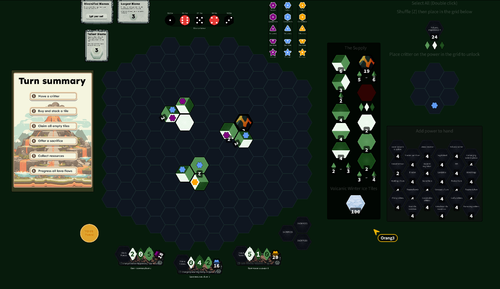 Player 2 (blue) Plays their volcano, lands the most devastating of hits to Orange wiping out 3 critters total