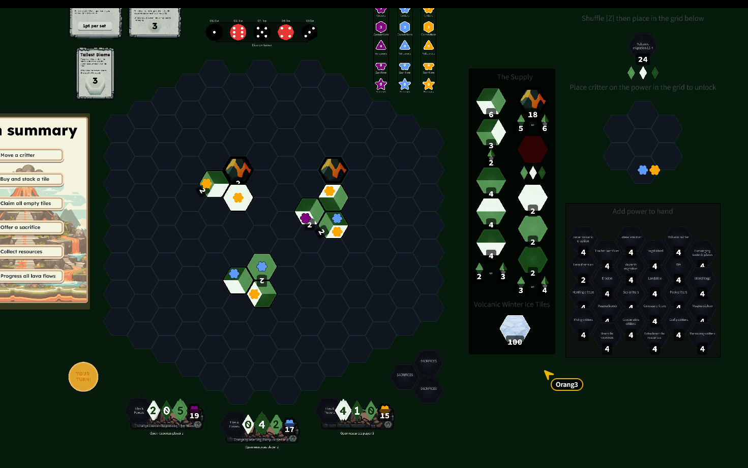 Player 3 (orange) play their volcano, also landing the most devastating hit, and managing to reclaim all their lost environment