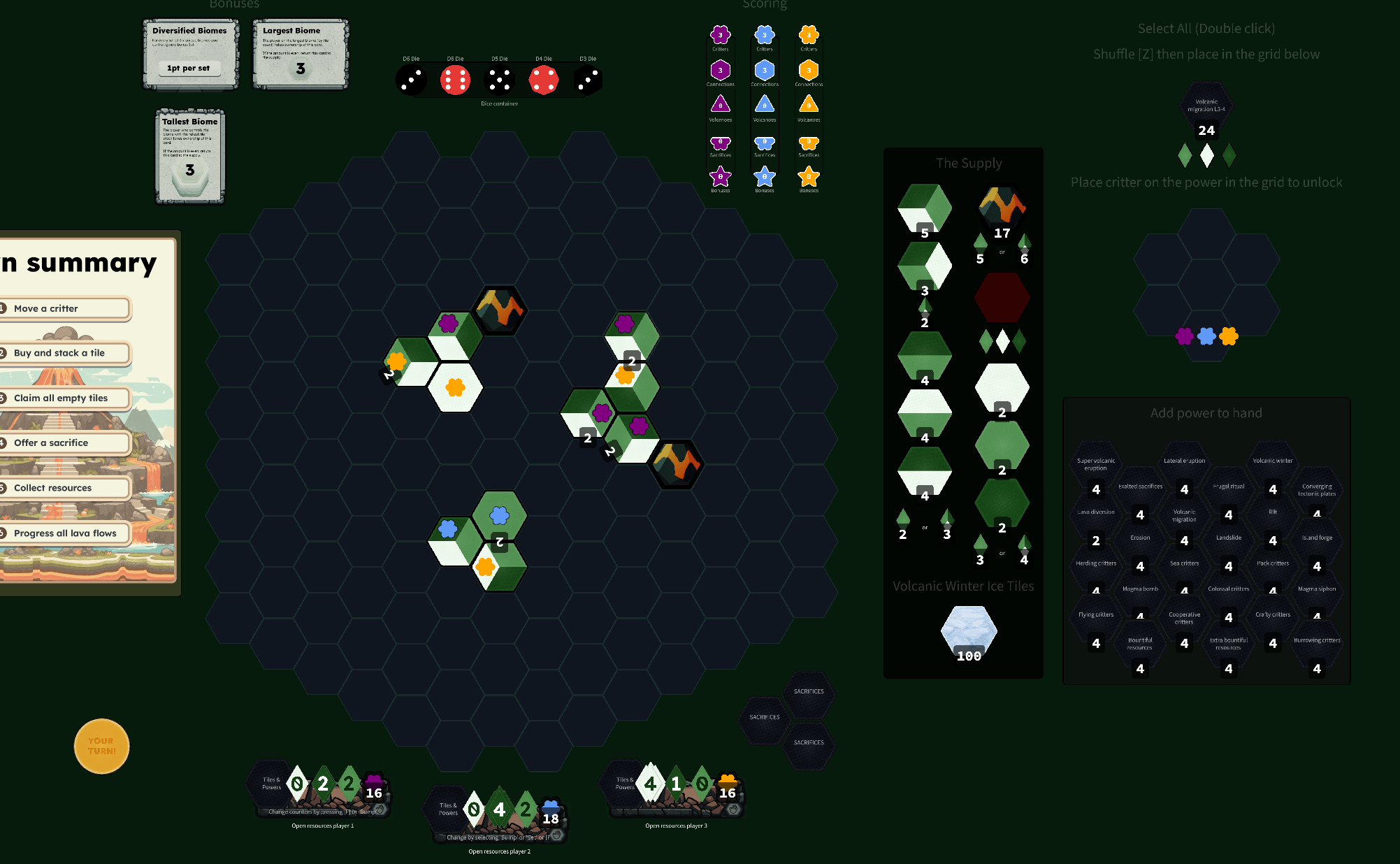 Purple buys a trio and plays their volcano, every player has now triggered 1 volcano. The board is interesting. Does blue go defensive or all in with the rush?