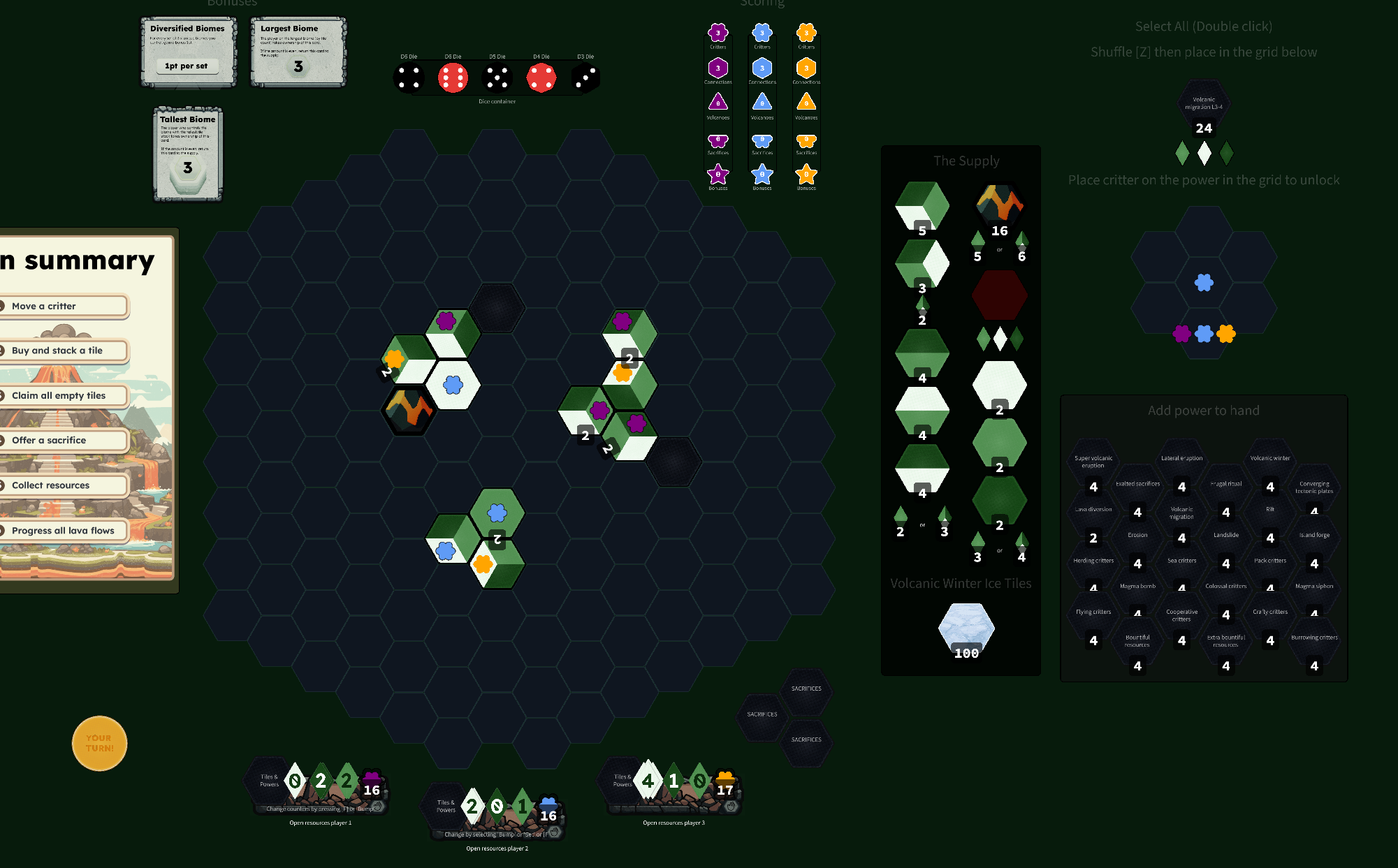 Blue goes all in on the volcano rush, but only collects 3 resources