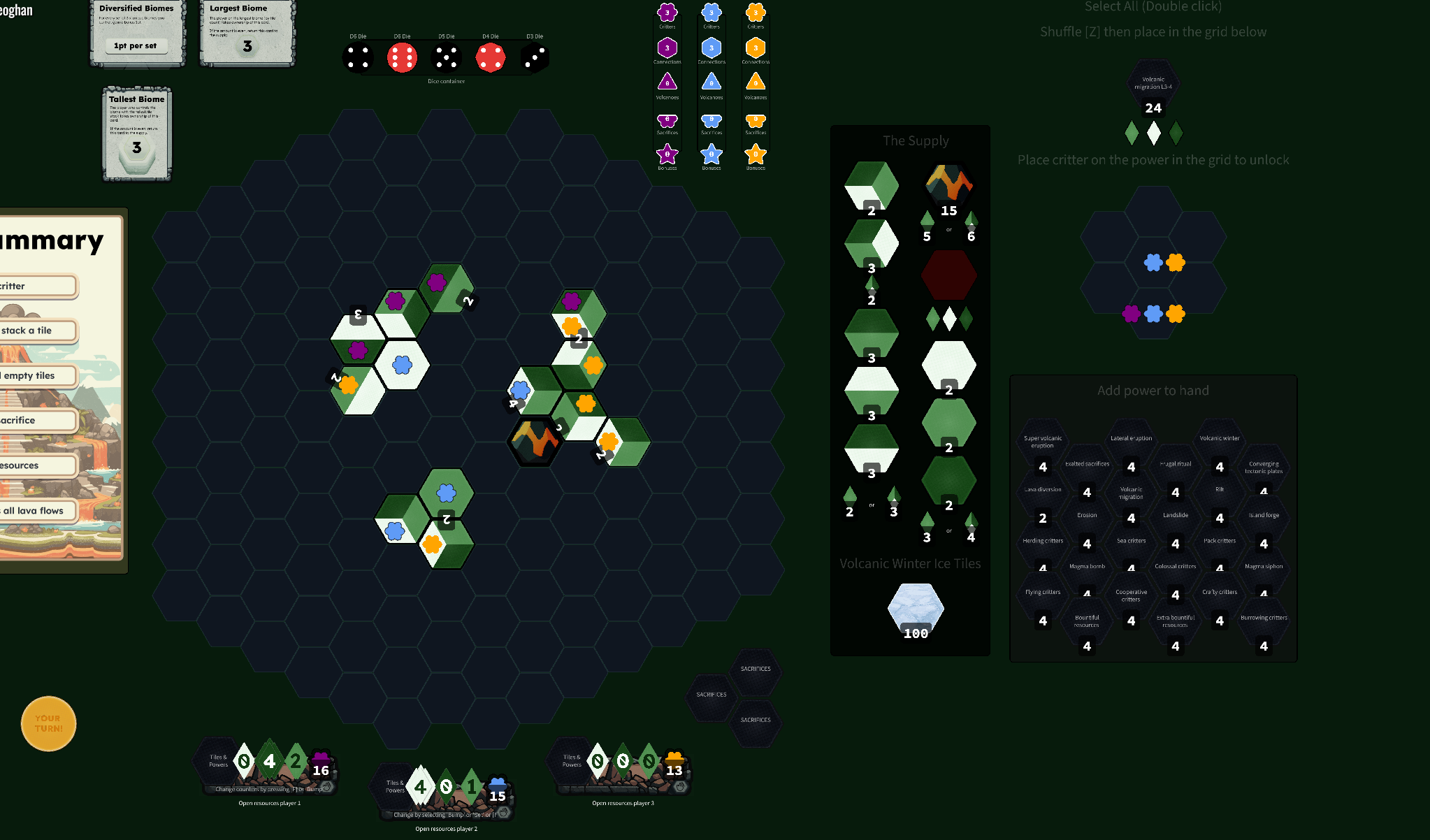 Orange plays the soil and the obvious 2 critter tile Purple had control of. Orange is now the obvious Target