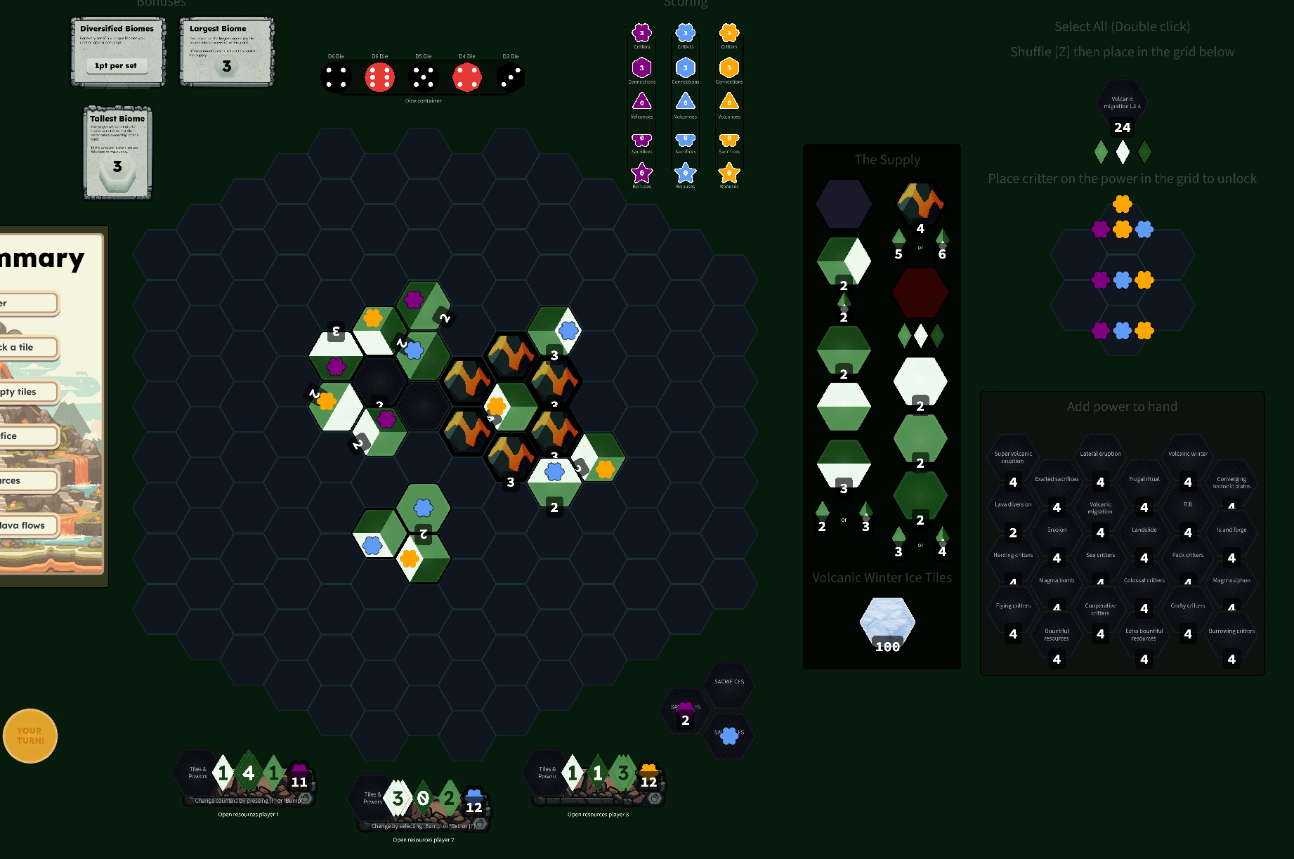 The supervolcano erupts, greatly displacing Purple, they had managed to sacrifice 1 (I forgot to screenshot the final moves from everyone)