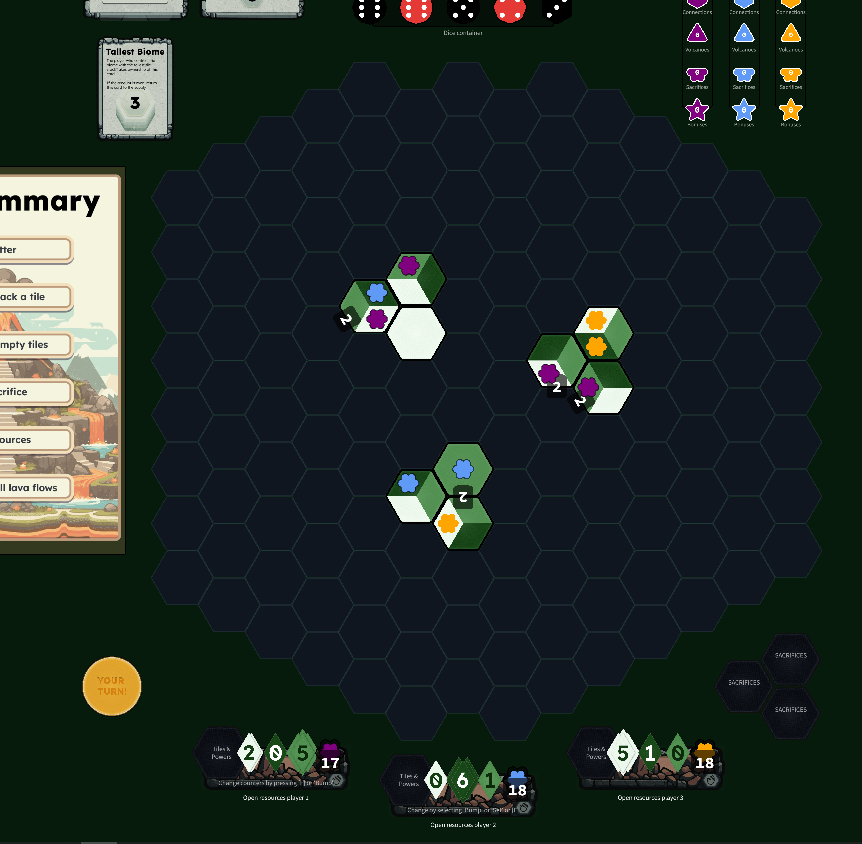 Player 1 (purple) decides to hold onto their 4th critter, making them the target of Blue, but also prepping resources for a duo + volcano turn