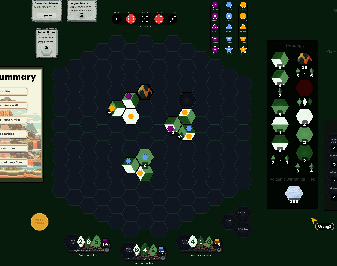 Starting round 3, Purple is ready to gain both the benefit of the volcanic soil and can set of their own volcano, Blue can also trigger another volcano to keep pushing the rush