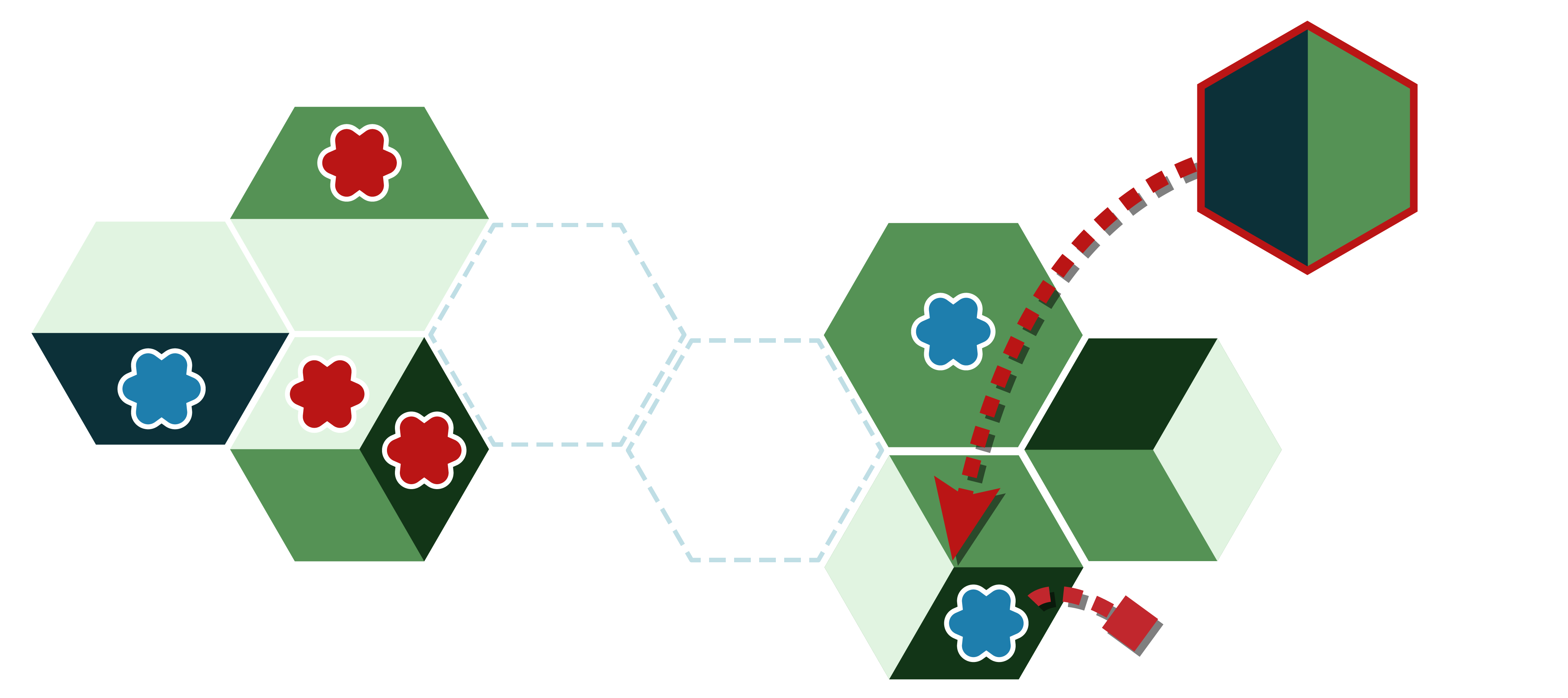 Red places their tile onto Blue's starting island, squashing Blue's critter