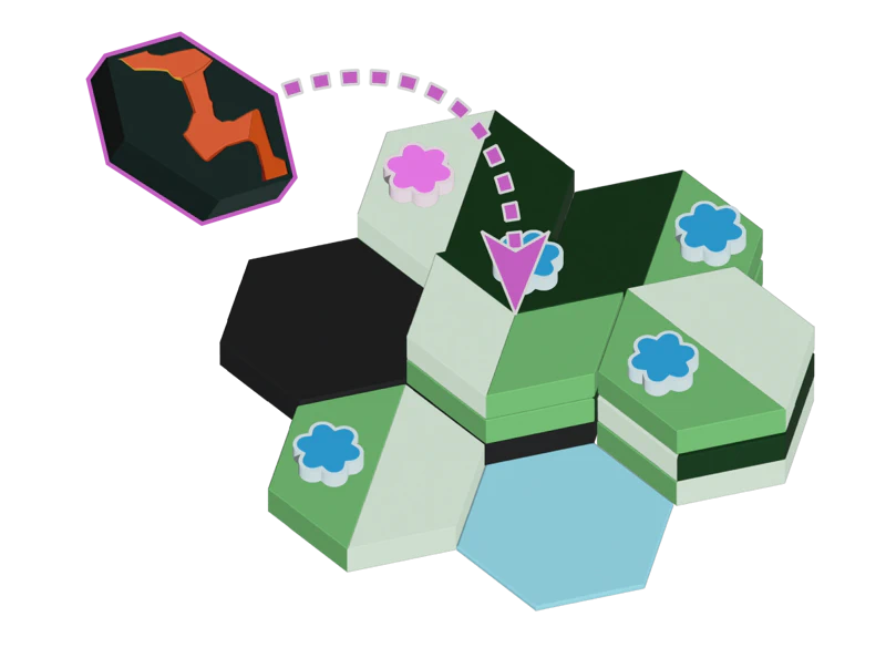 Pink activates a volcano on a high point controlled by Blue